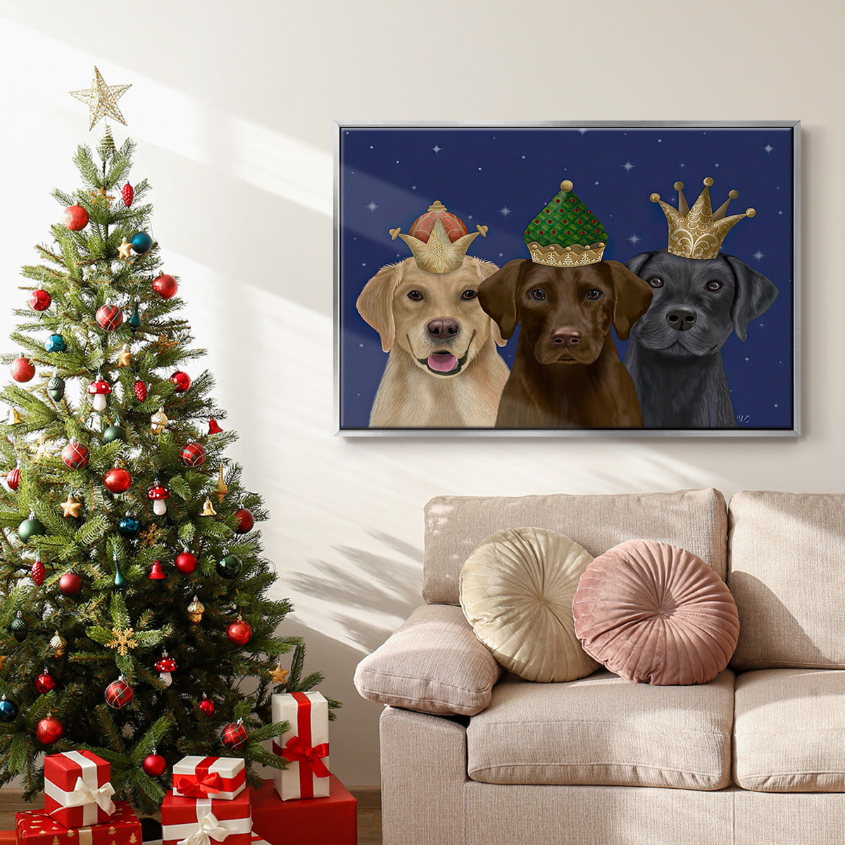 Christmas Labradors, Three Kings - Floater Framed Canvas Print
