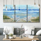 Three-panel canvas wall art featuring peaceful coastal landscape escape, displayed in a modern living room above seating.