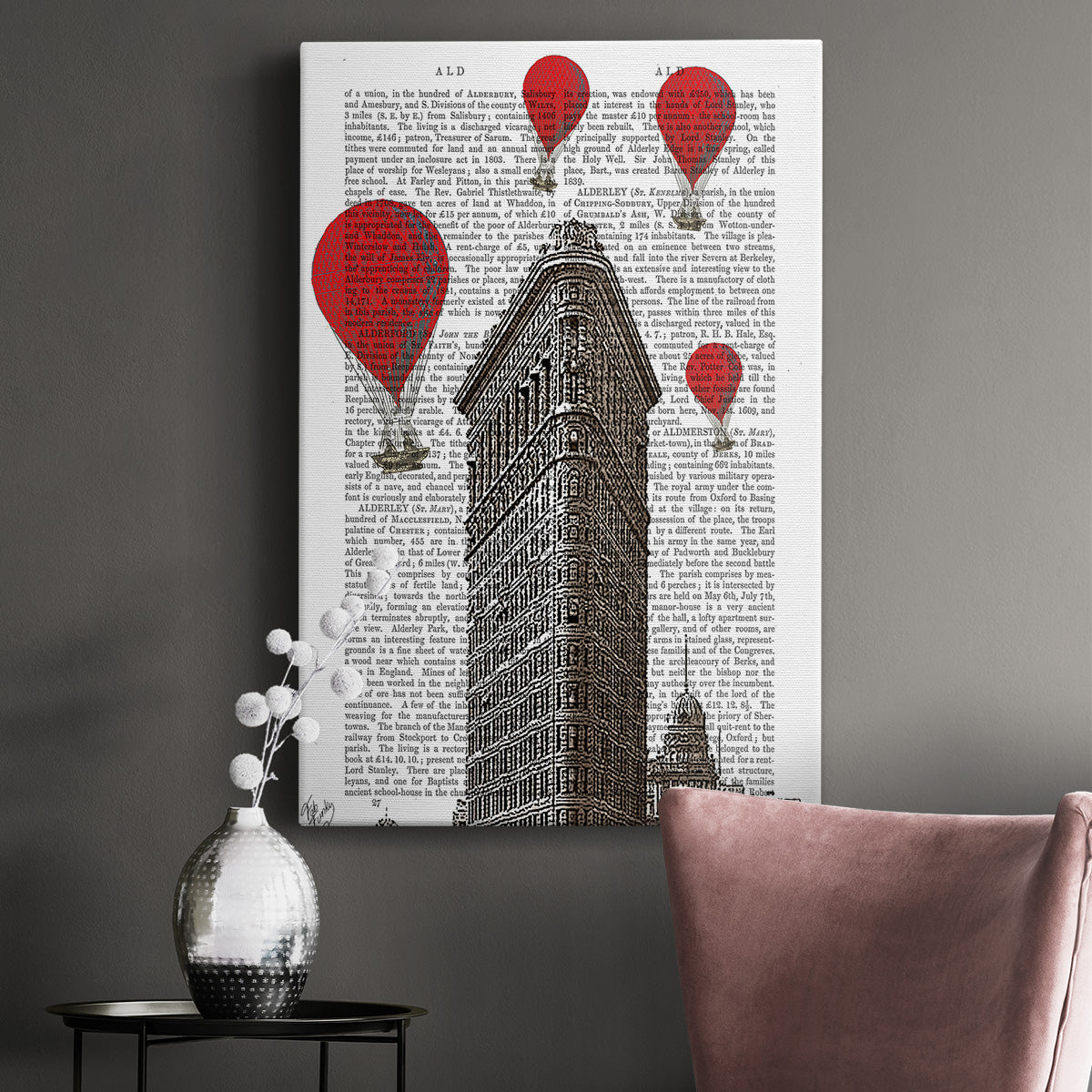 Flat Iron Building and Red Hot Air Balloons Premium Gallery Wrapped Canvas - Ready to Hang