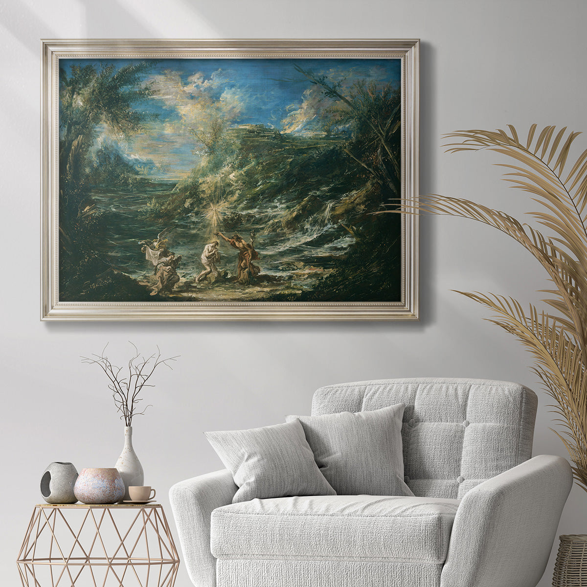 Religious landscape depicting the baptism of Christ by Alessandro Magnasco in an ornate champagne frame displayed in a bright interior setting.