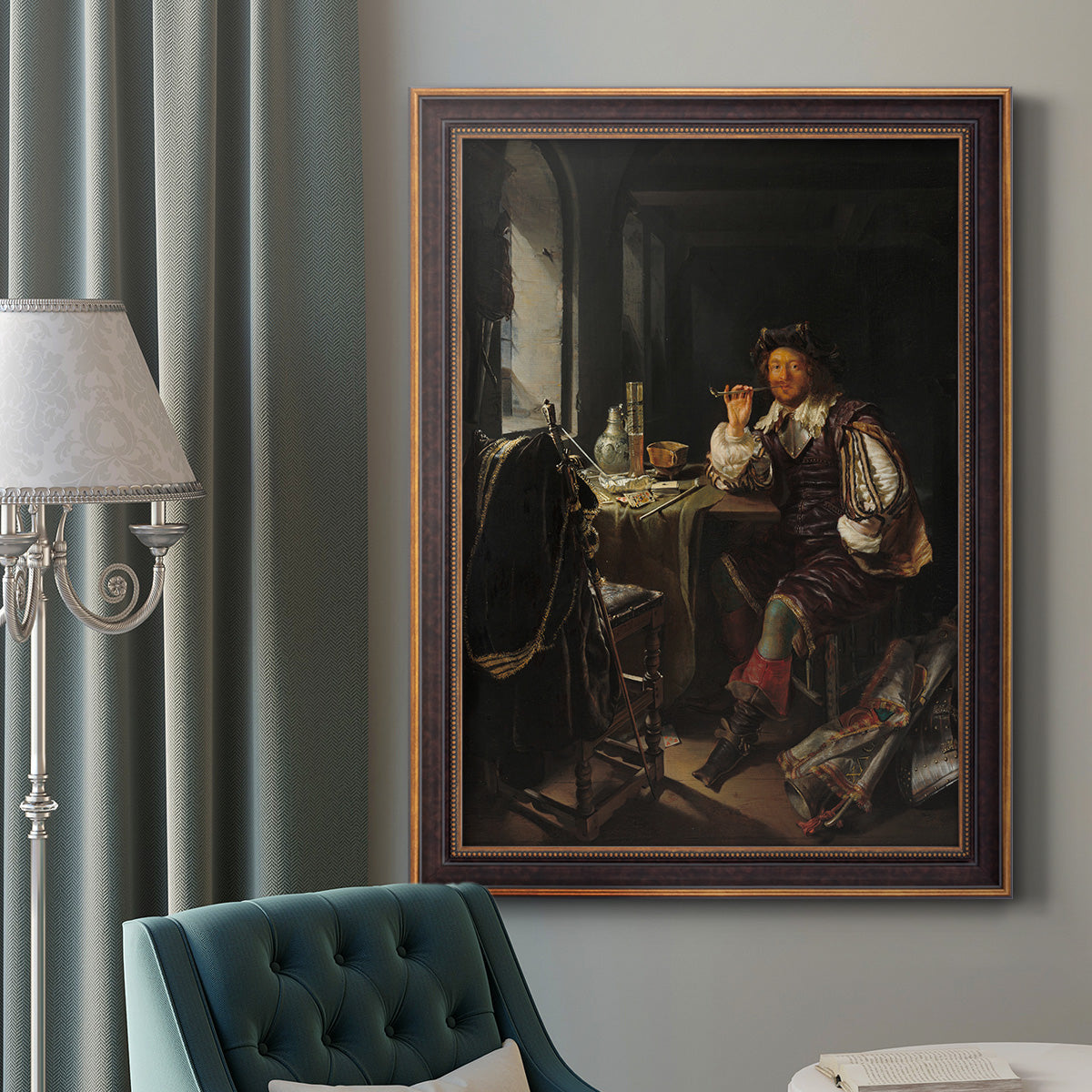 Classical portrait of a soldier smoking a pipe by Frans van Mieris the Elder in an ornate bronzed mahogany wood frame displayed in a dark-toned interior setting.