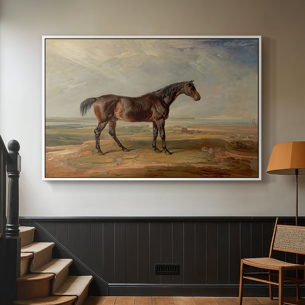 Dr. Syntax, a Bay Racehorse, Standing in a Coastal Landscape, an Estuary Beyond, c. 1820 - Floater Framed Canvas Print