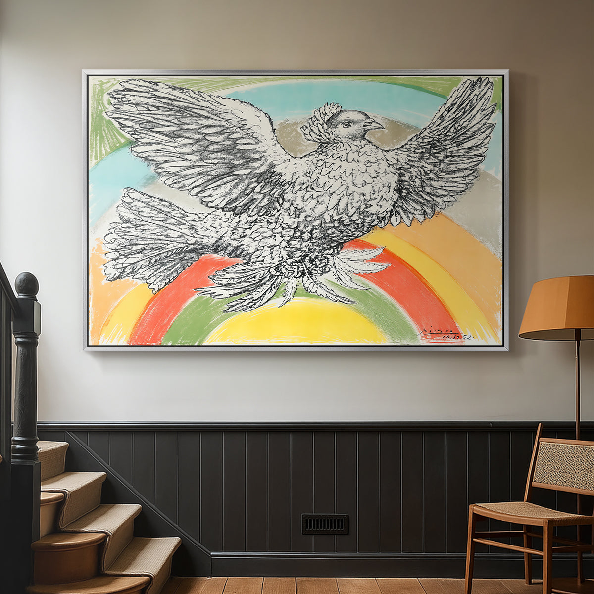 Flying Dove with Rainbow (Colombe volant à l'Arc-en-ciel), 1952 - Floater Framed Canvas Print