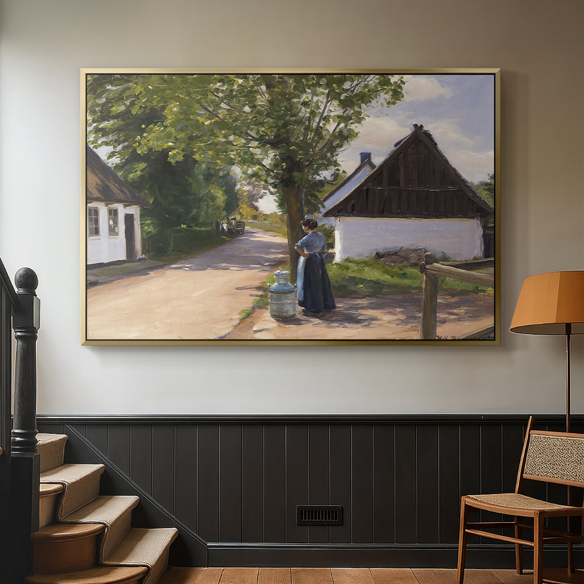 Danish Village Street with Woman and Milkman, 1880 - Floater Framed Canvas Print