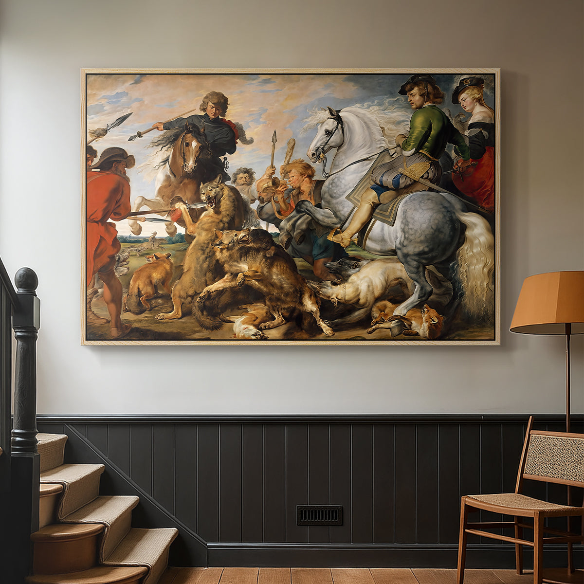The Wolf and Fox Hunt, c. 1616 - Floater Framed Canvas Print