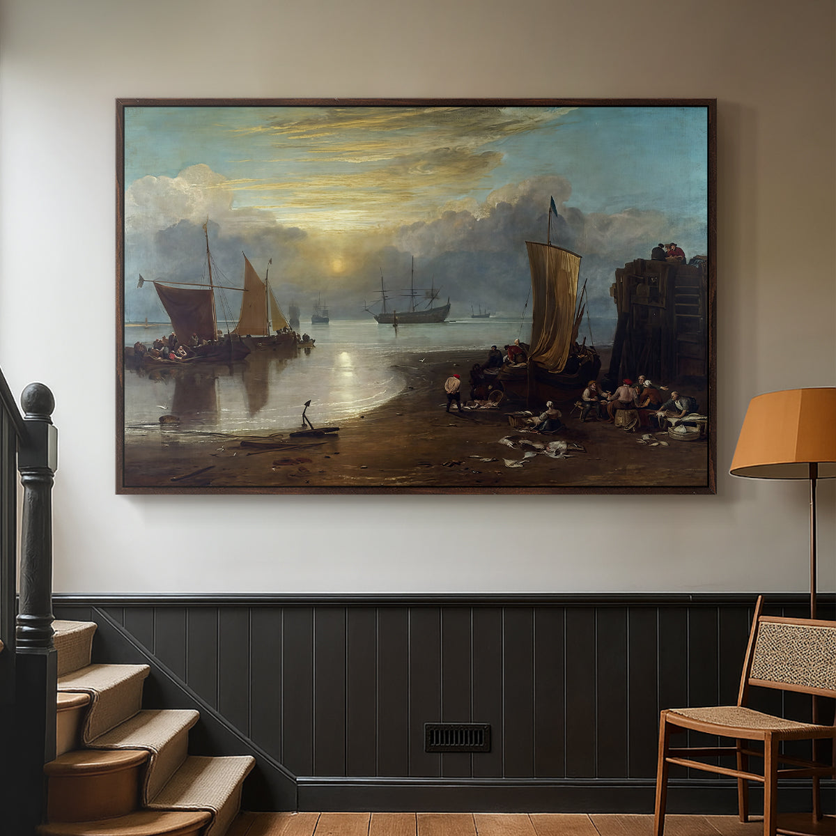 Sun Rising through Vapour: Fishermen Cleaning and Selling Fish, c. 1807 - Floater Framed Canvas Print