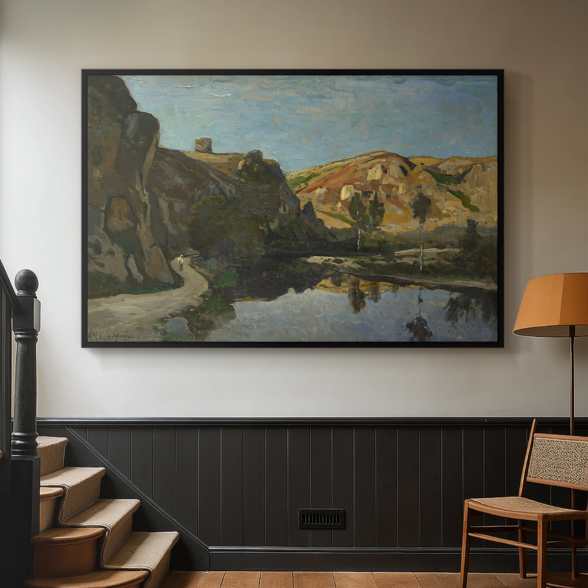 River Landscape with Cliffs, c. 1850-1860 - Floater Framed Canvas Print