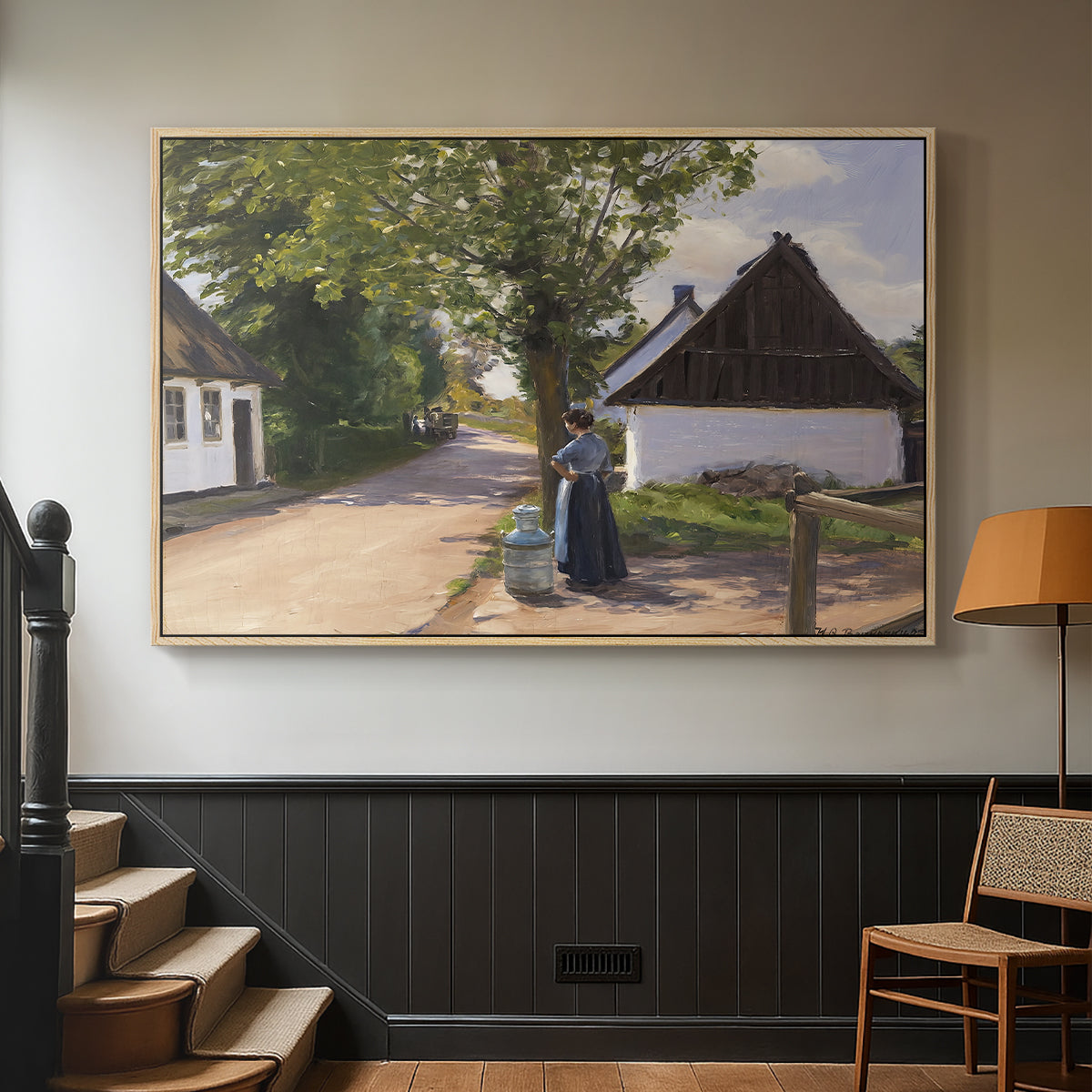 Danish Village Street with Woman and Milkman, 1880 - Floater Framed Canvas Print