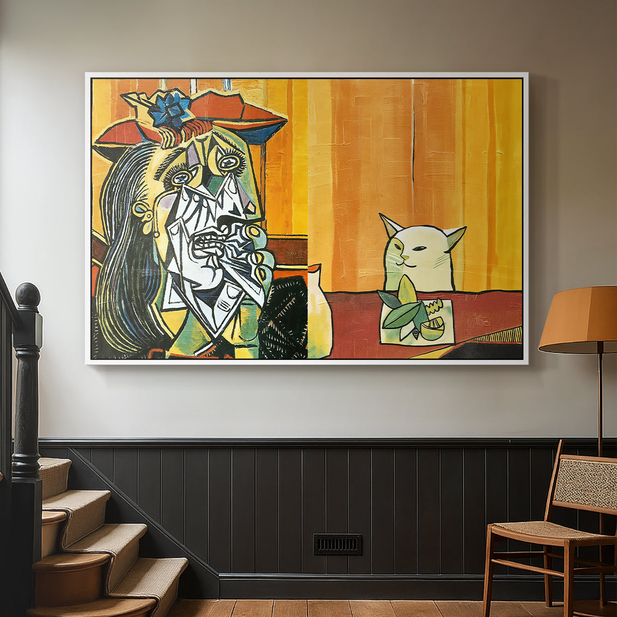 Woman Yelling at a Cat Meme (Picasso Parody) - Floater Framed Canvas Print