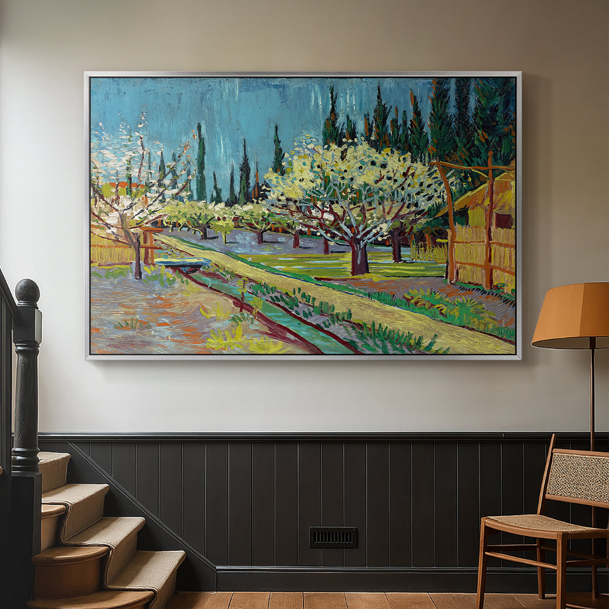 Orchard in Blossom, Bordered by Cypresses, 1888 - Floater Framed Canvas Print