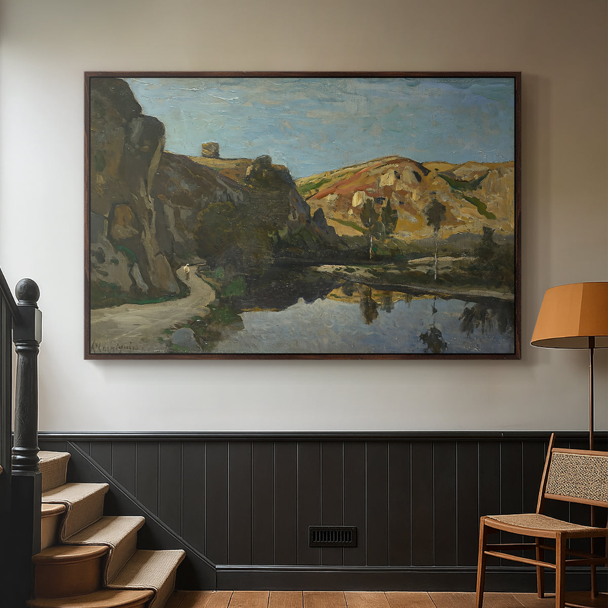 River Landscape with Cliffs, c. 1850-1860 - Floater Framed Canvas Print
