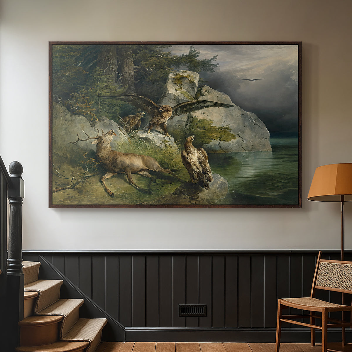 Eagles and Dying Stag on a Lakeshore, 1836 - Floater Framed Canvas Print