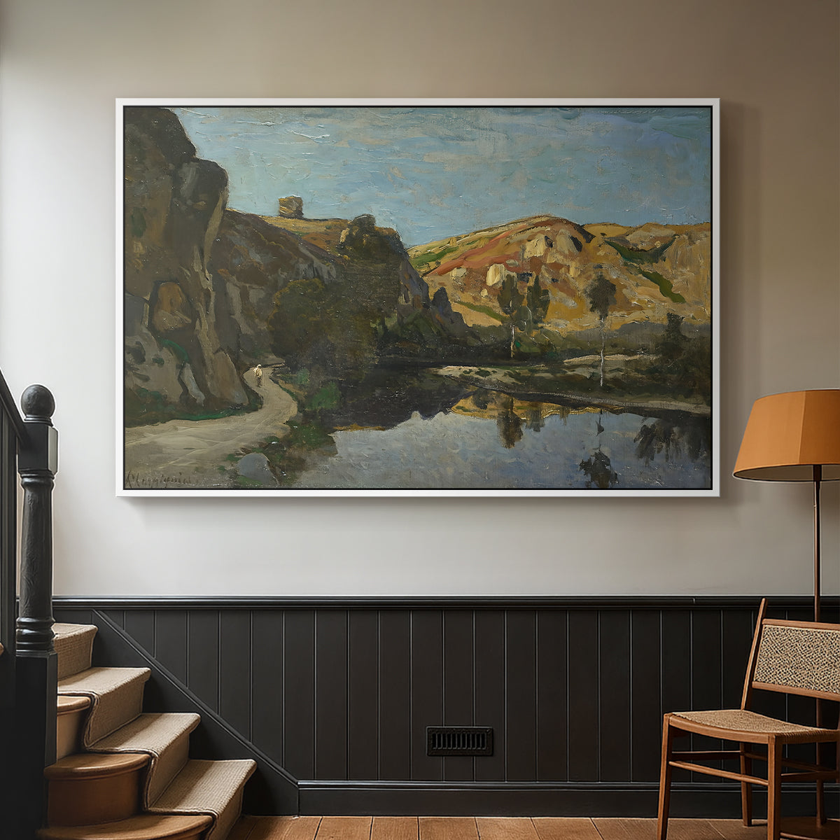 River Landscape with Cliffs, c. 1850-1860 - Floater Framed Canvas Print