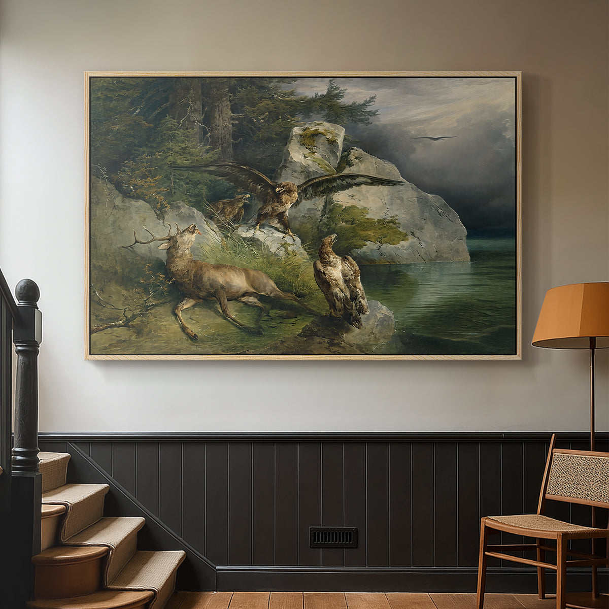 Eagles and Dying Stag on a Lakeshore, 1836 - Floater Framed Canvas Print