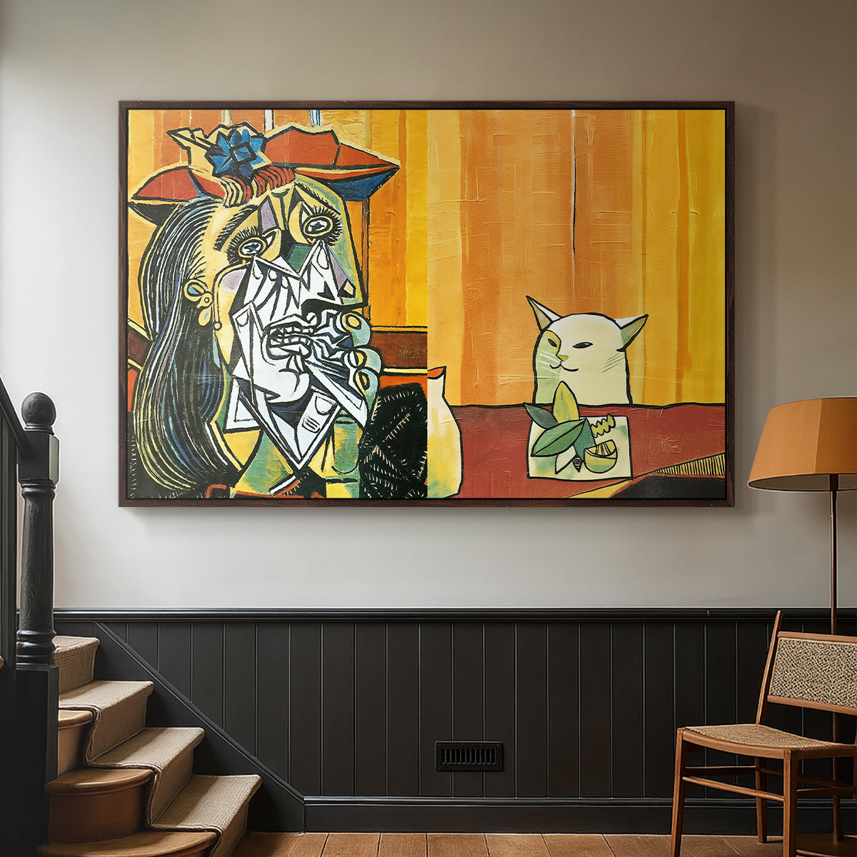 Woman Yelling at a Cat Meme (Picasso Parody) - Floater Framed Canvas Print