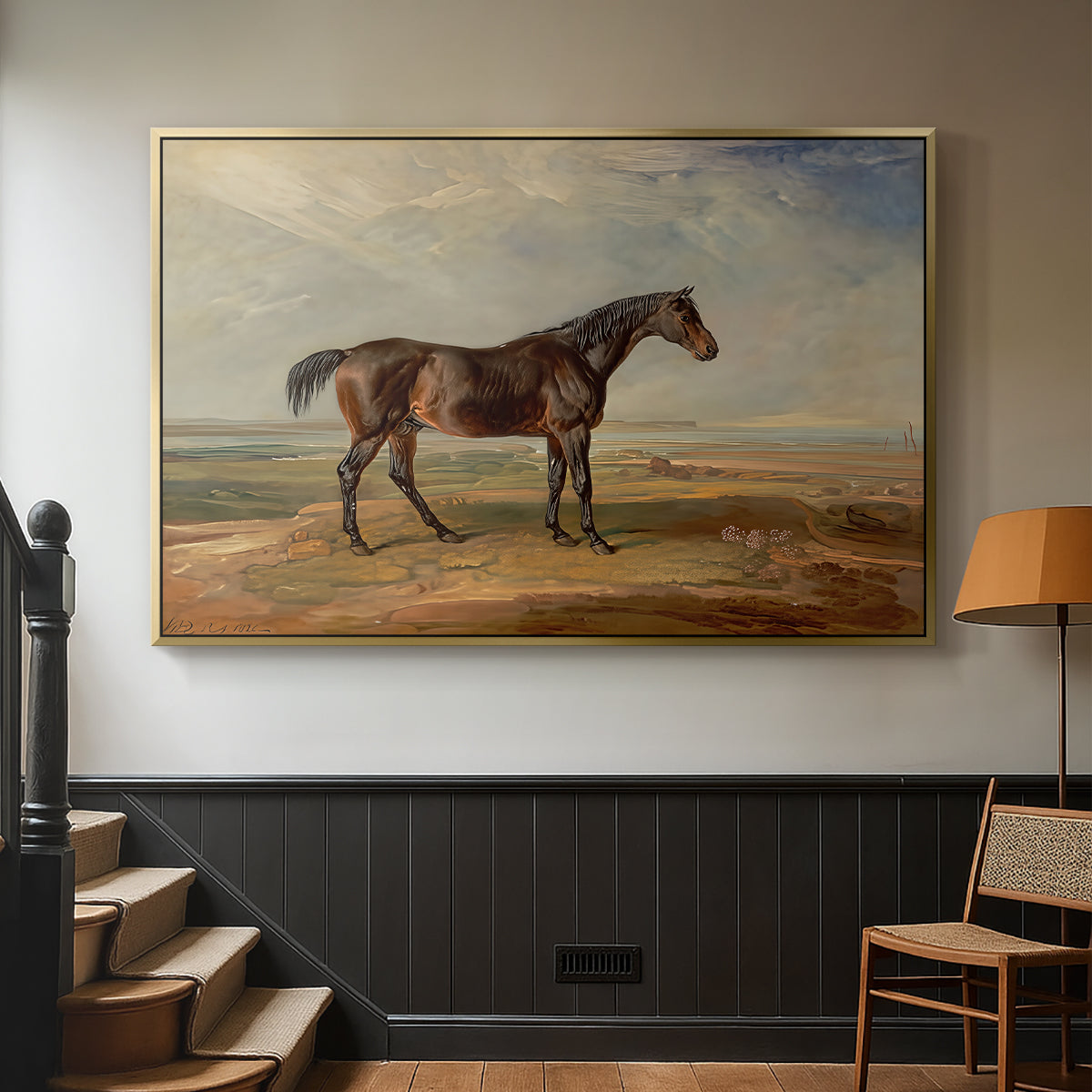 Dr. Syntax, a Bay Racehorse, Standing in a Coastal Landscape, an Estuary Beyond, c. 1820 - Floater Framed Canvas Print
