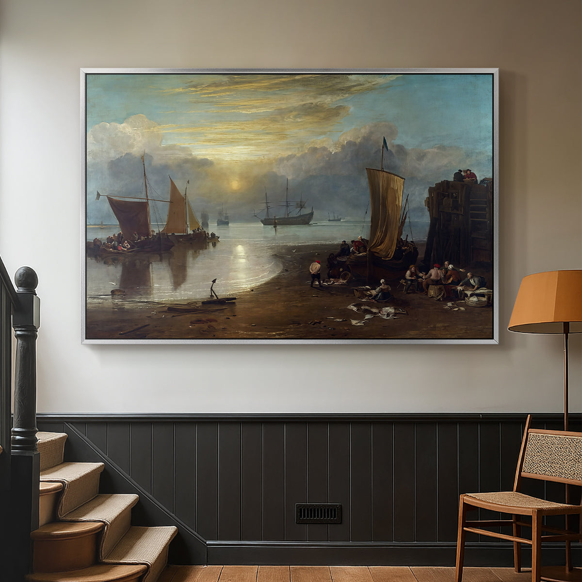 Sun Rising through Vapour: Fishermen Cleaning and Selling Fish, c. 1807 - Floater Framed Canvas Print