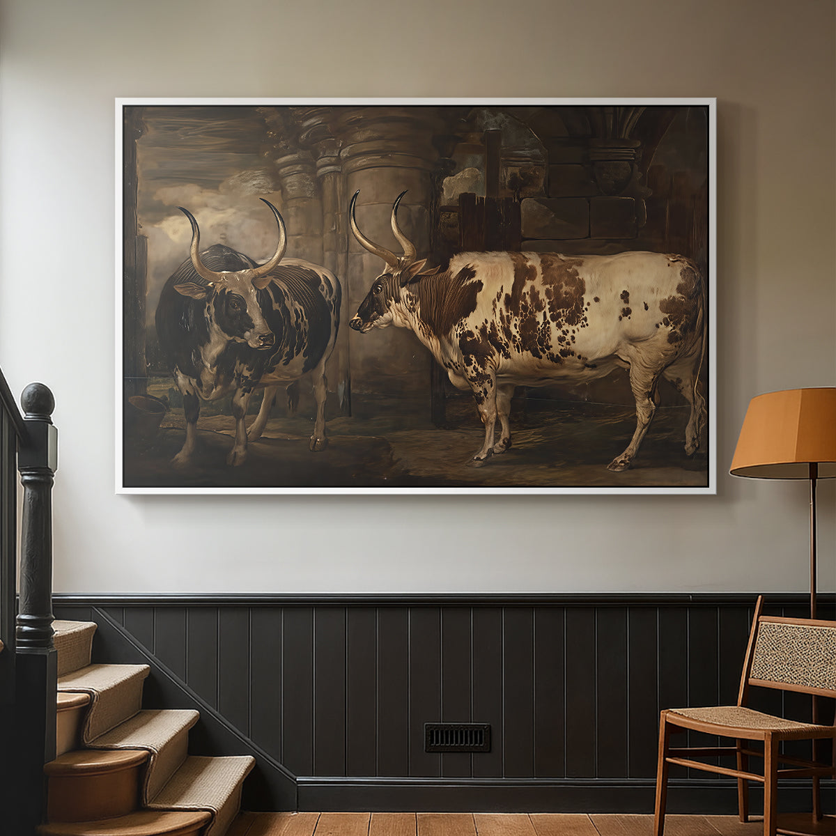 Portraits of Two Extraordinary Oxen, Property of the Earl of Powis, 1814 - Floater Framed Canvas Print