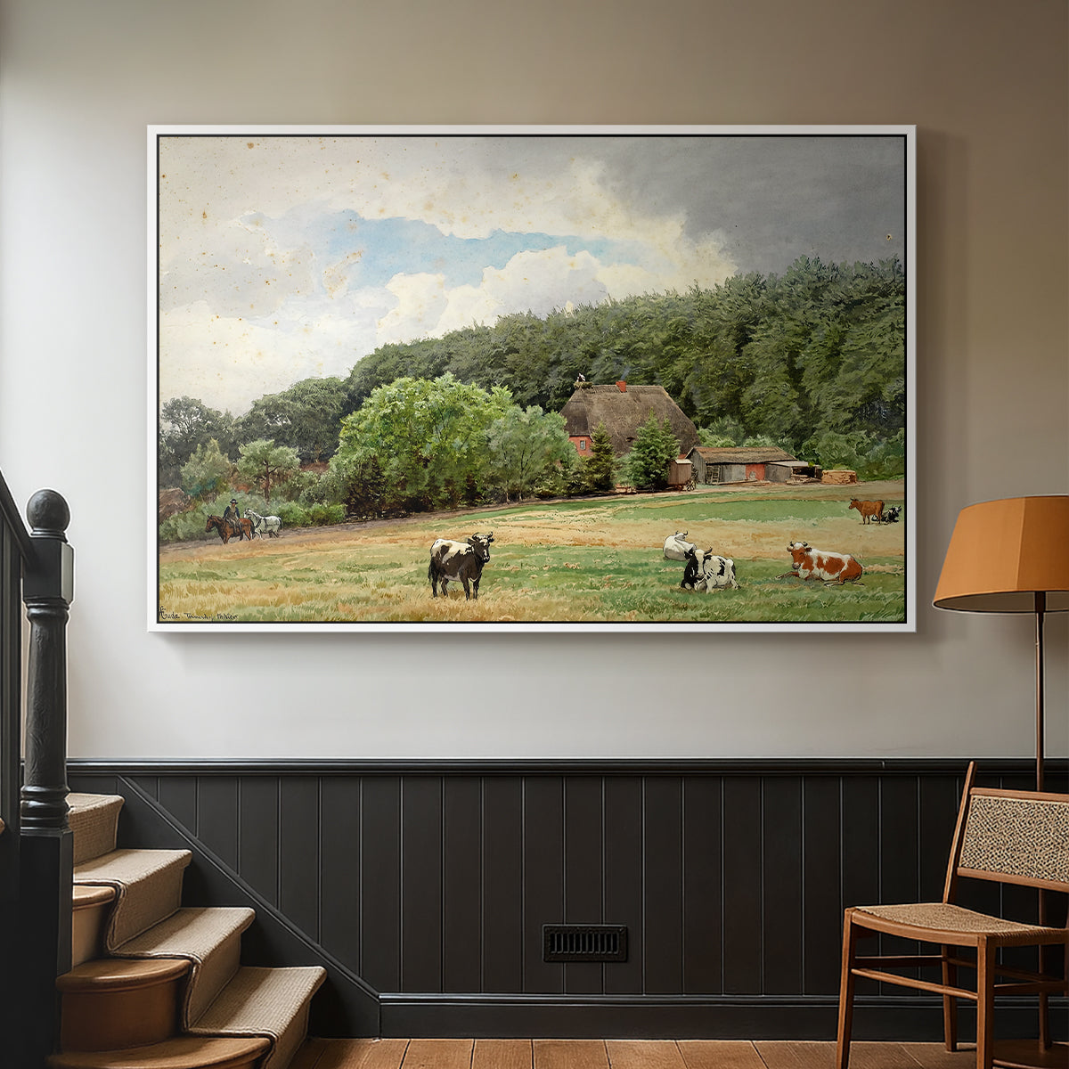 Farm with Grazing Cows (Bondegård med beitende kuer), 1892 - Floater Framed Canvas Print