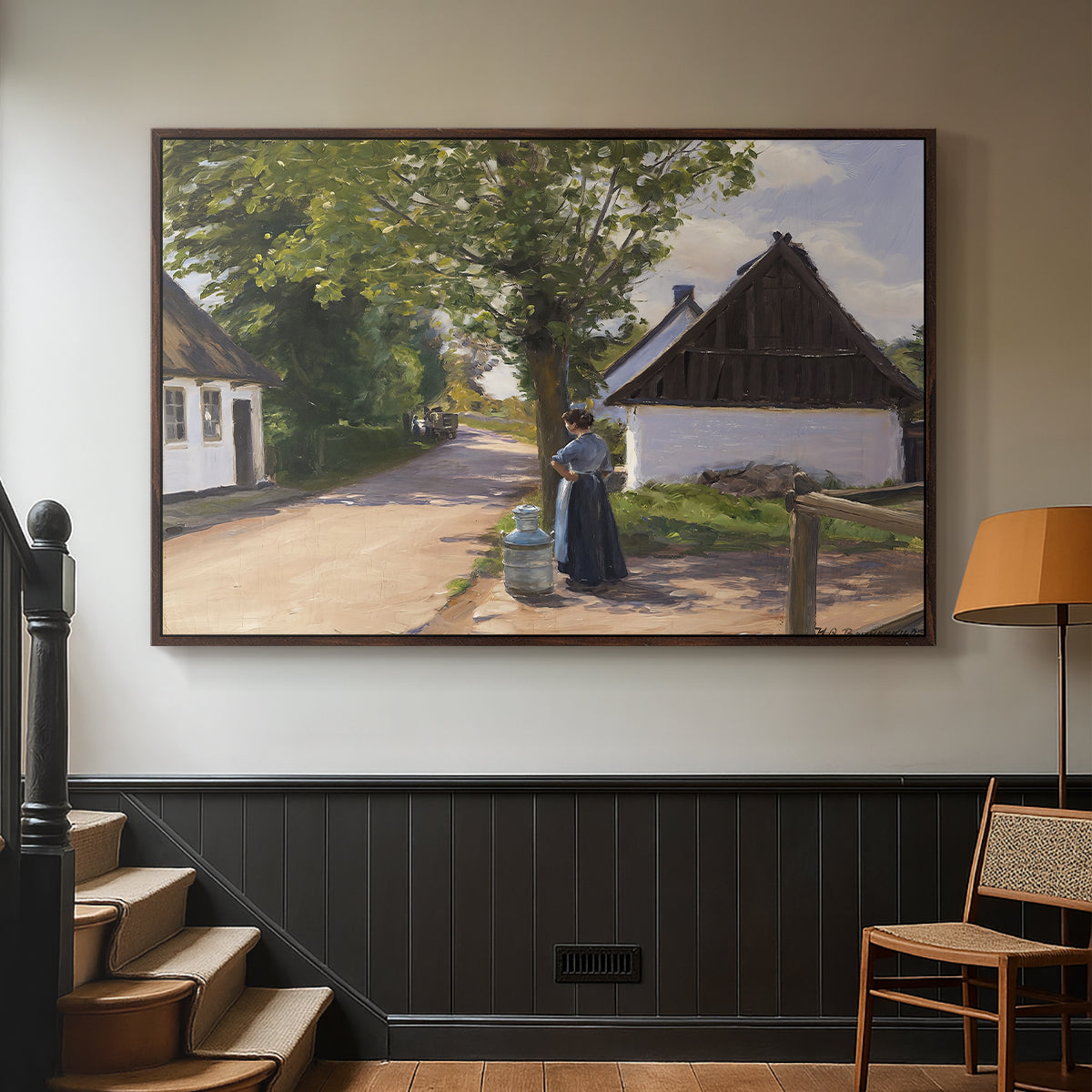 Danish Village Street with Woman and Milkman, 1880 - Floater Framed Canvas Print