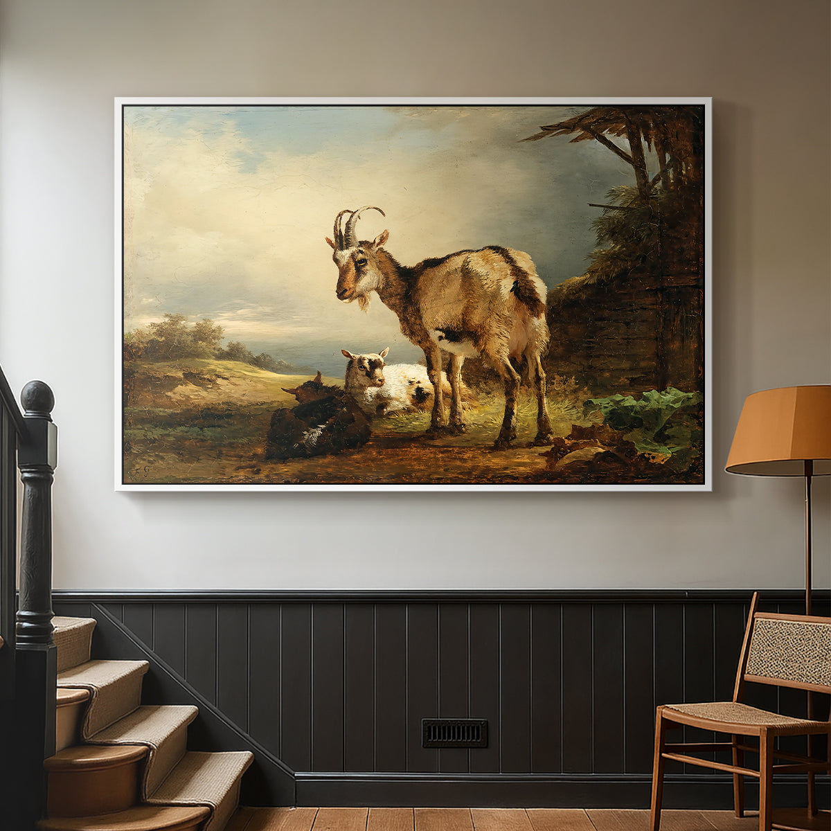 A Goat with Two Kids - Floater Framed Canvas Print