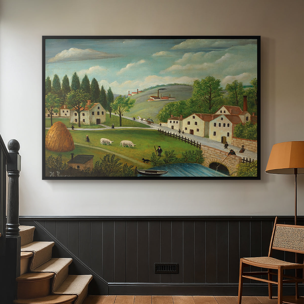 Pastoral Landscape with Stream, Fisherman and Strollers, 1875-1880 - Floater Framed Canvas Print