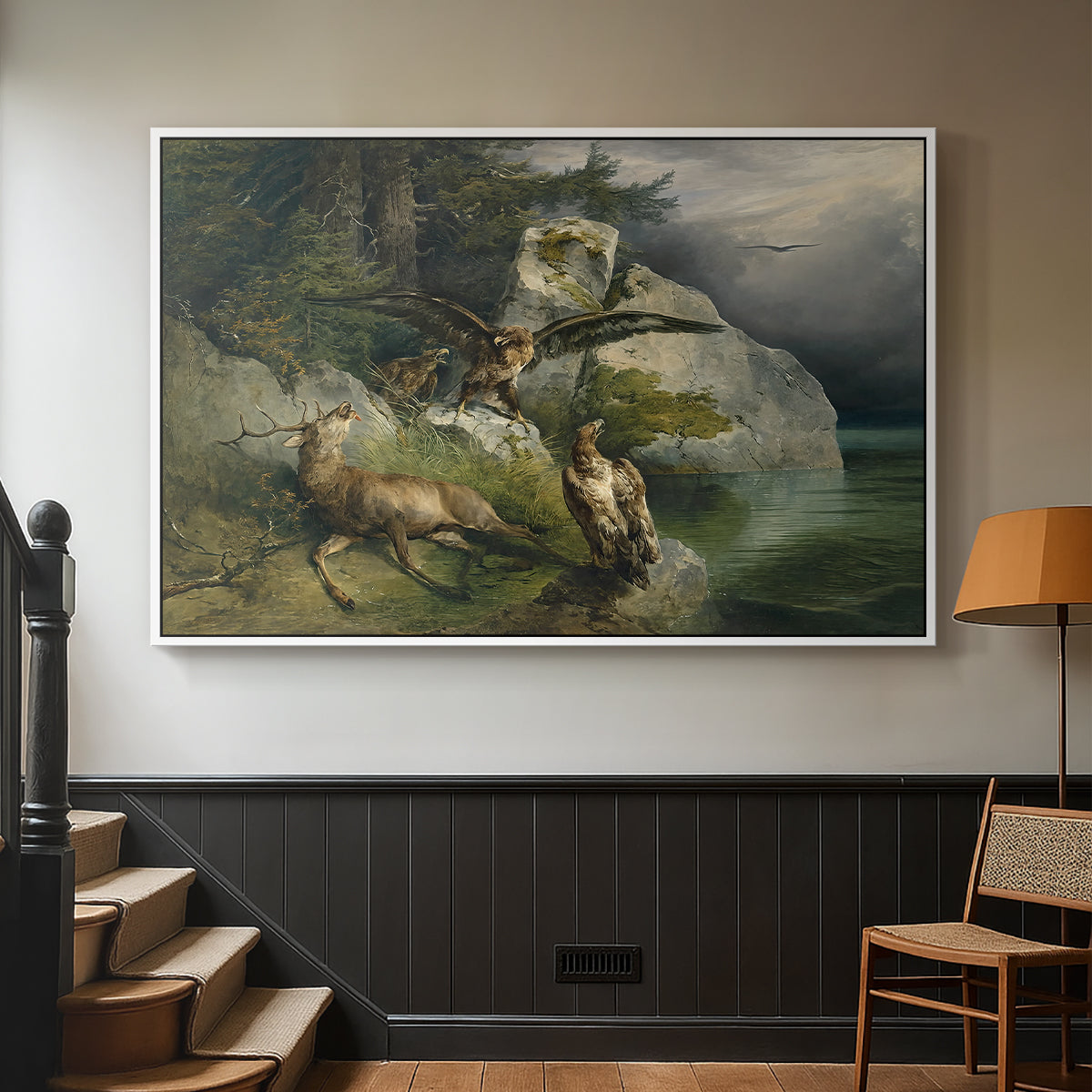 Eagles and Dying Stag on a Lakeshore, 1836 - Floater Framed Canvas Print