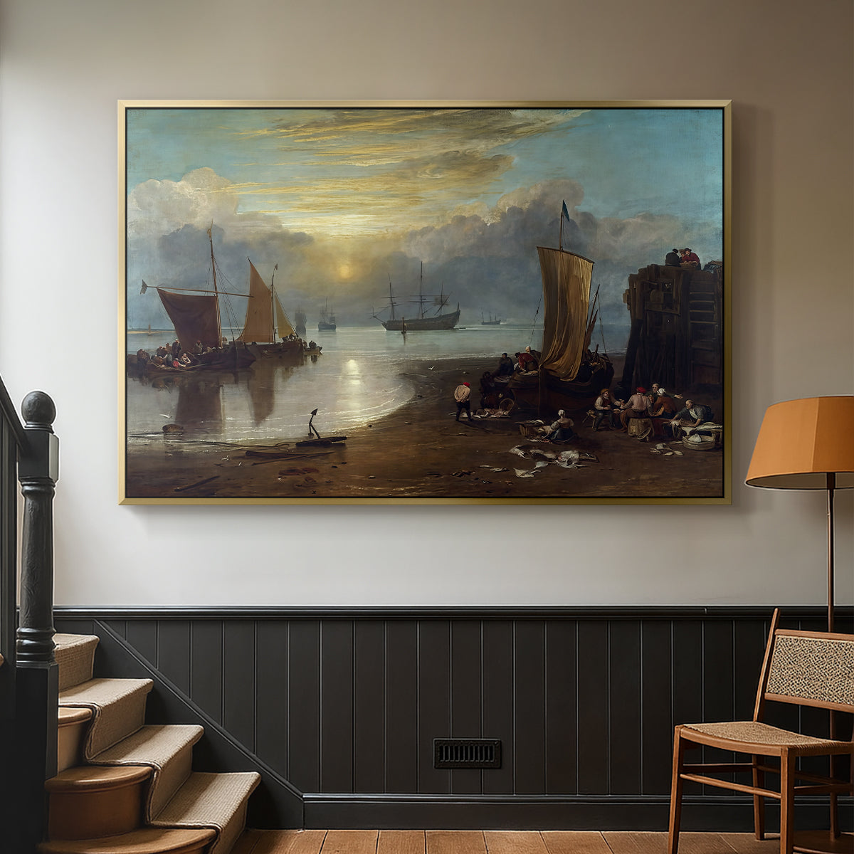 Sun Rising through Vapour: Fishermen Cleaning and Selling Fish, c. 1807 - Floater Framed Canvas Print