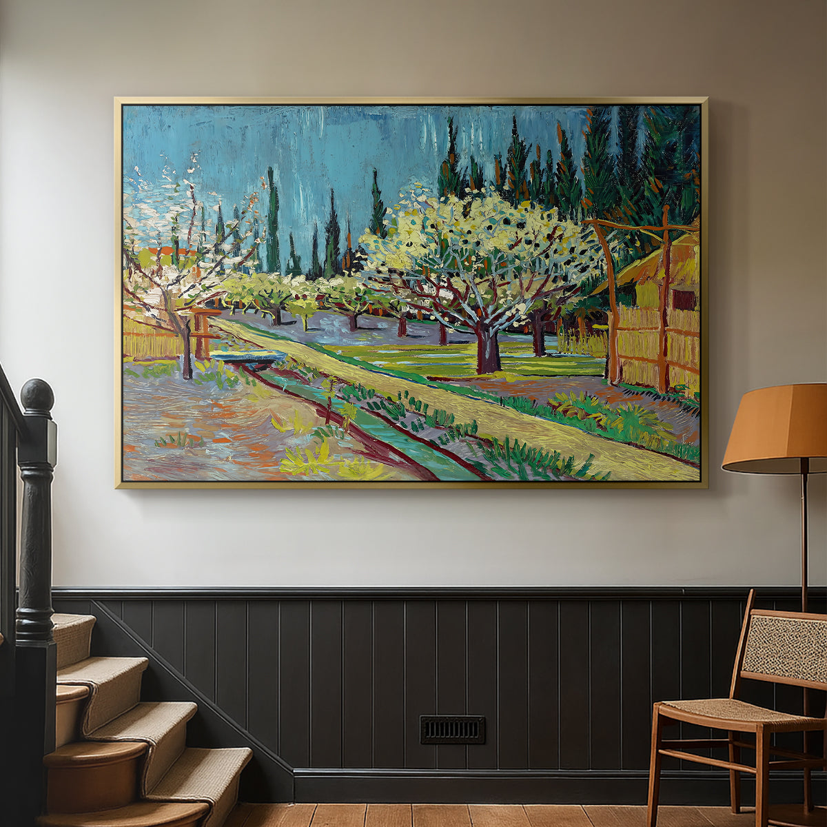 Orchard in Blossom, Bordered by Cypresses, 1888 - Floater Framed Canvas Print
