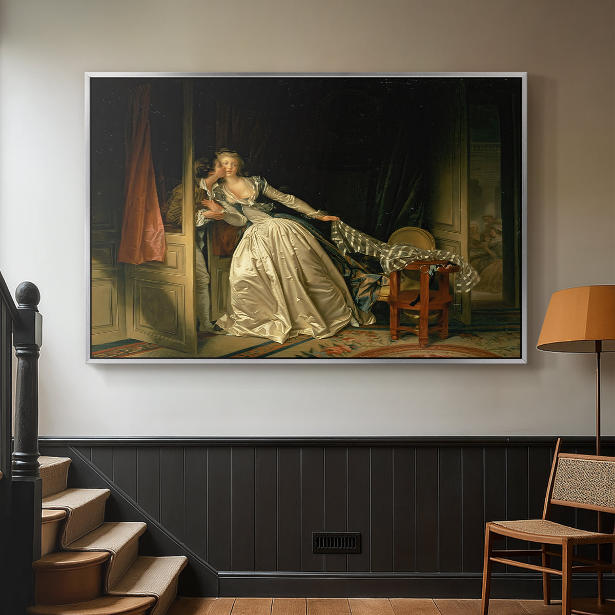 The Stolen Kiss (Le Baiser à la dérobée), c. 1788 - Floater Framed Canvas Print