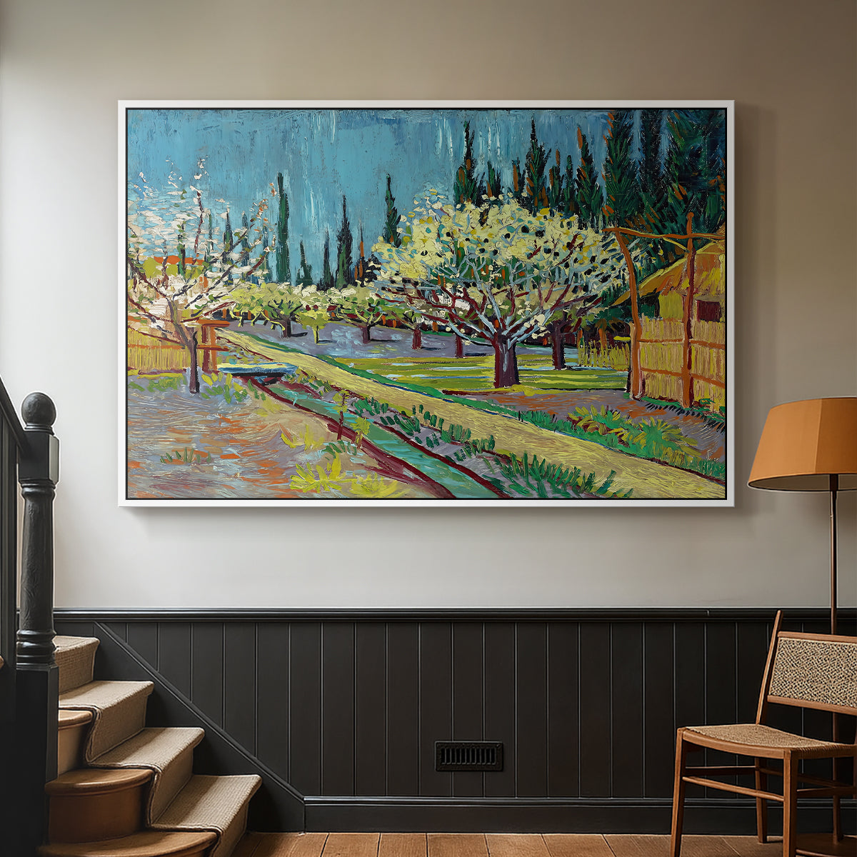 Orchard in Blossom, Bordered by Cypresses, 1888 - Floater Framed Canvas Print