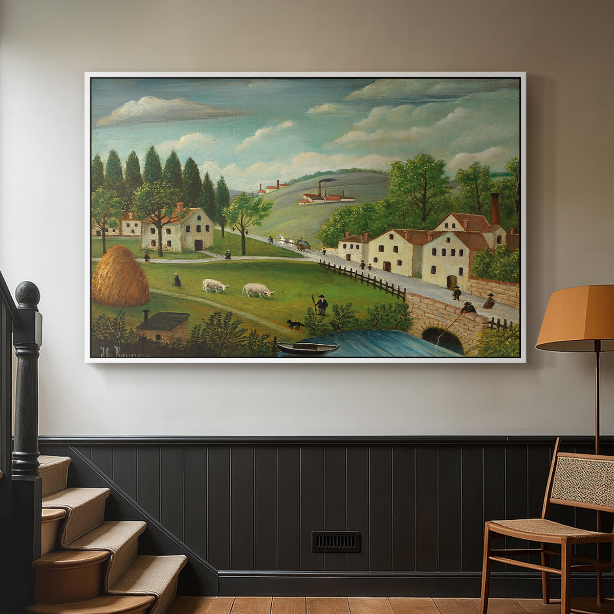 Pastoral Landscape with Stream, Fisherman and Strollers, 1875-1880 - Floater Framed Canvas Print