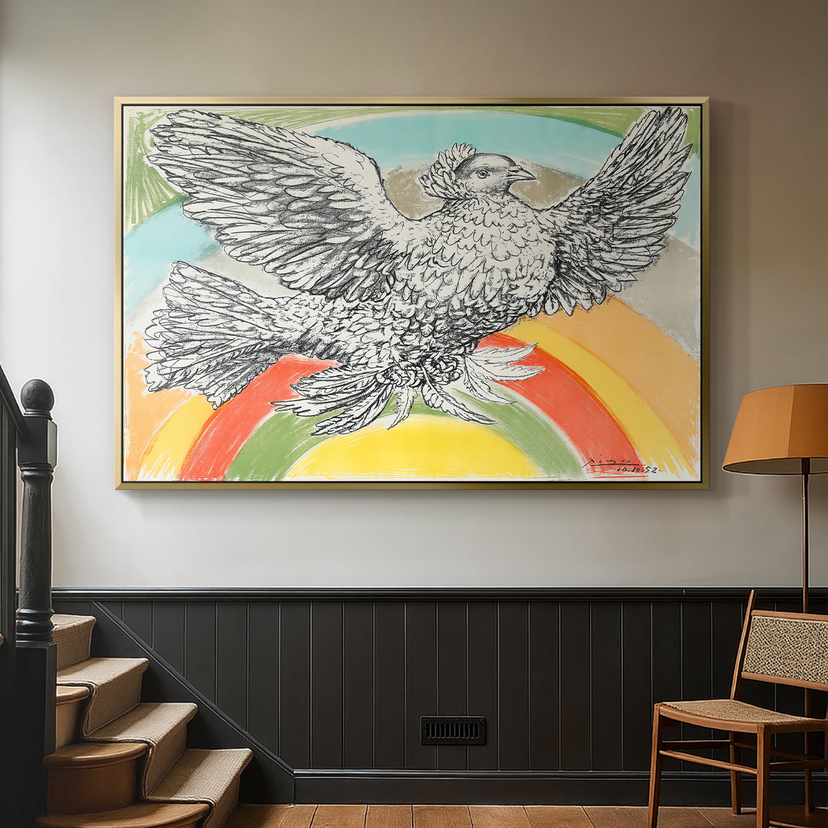 Flying Dove with Rainbow (Colombe volant à l'Arc-en-ciel), 1952 - Floater Framed Canvas Print
