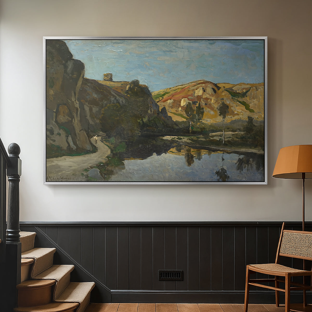 River Landscape with Cliffs, c. 1850-1860 - Floater Framed Canvas Print