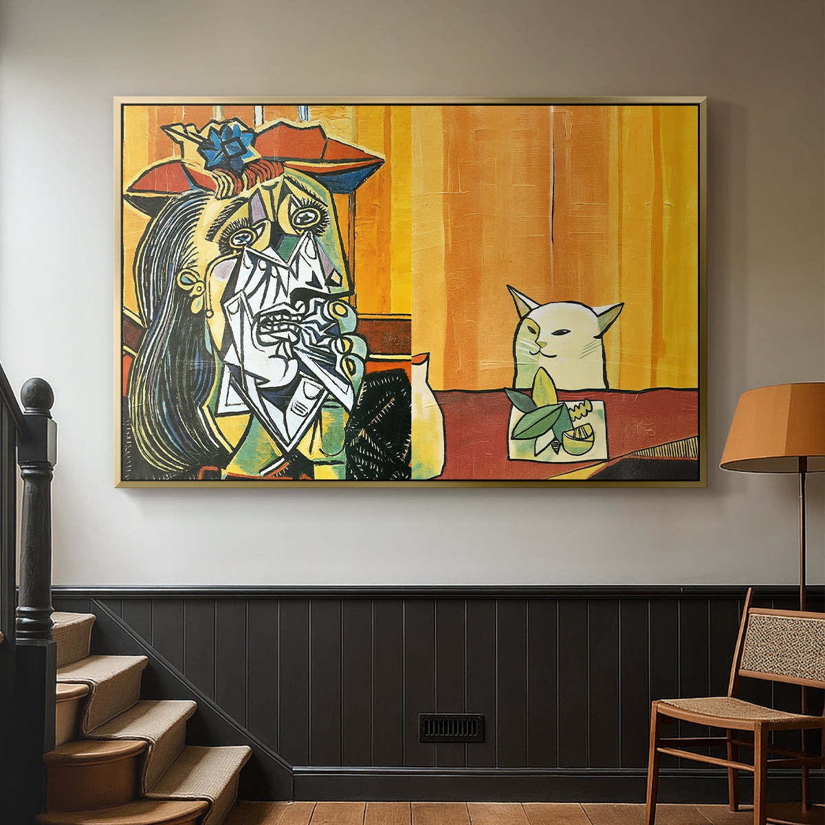 Woman Yelling at a Cat Meme (Picasso Parody) - Floater Framed Canvas Print