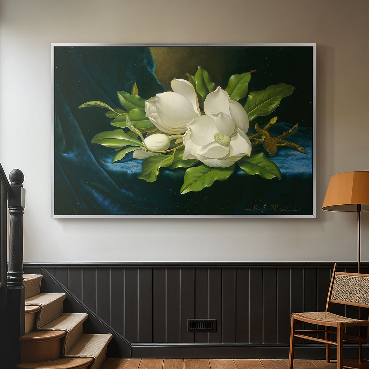 Giant Magnolias on a Blue Velvet Cloth, c. 1890 - Floater Framed Canvas Print