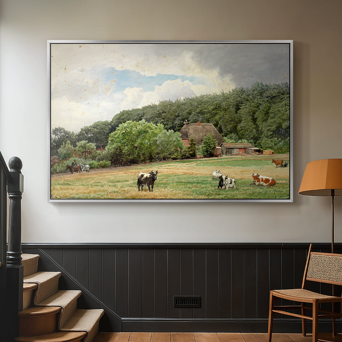 Farm with Grazing Cows (Bondegård med beitende kuer), 1892 - Floater Framed Canvas Print