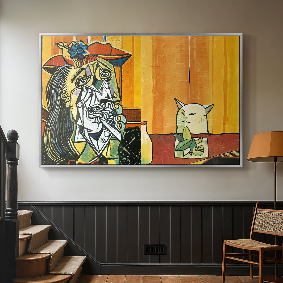 Woman Yelling at a Cat Meme (Picasso Parody) - Floater Framed Canvas Print