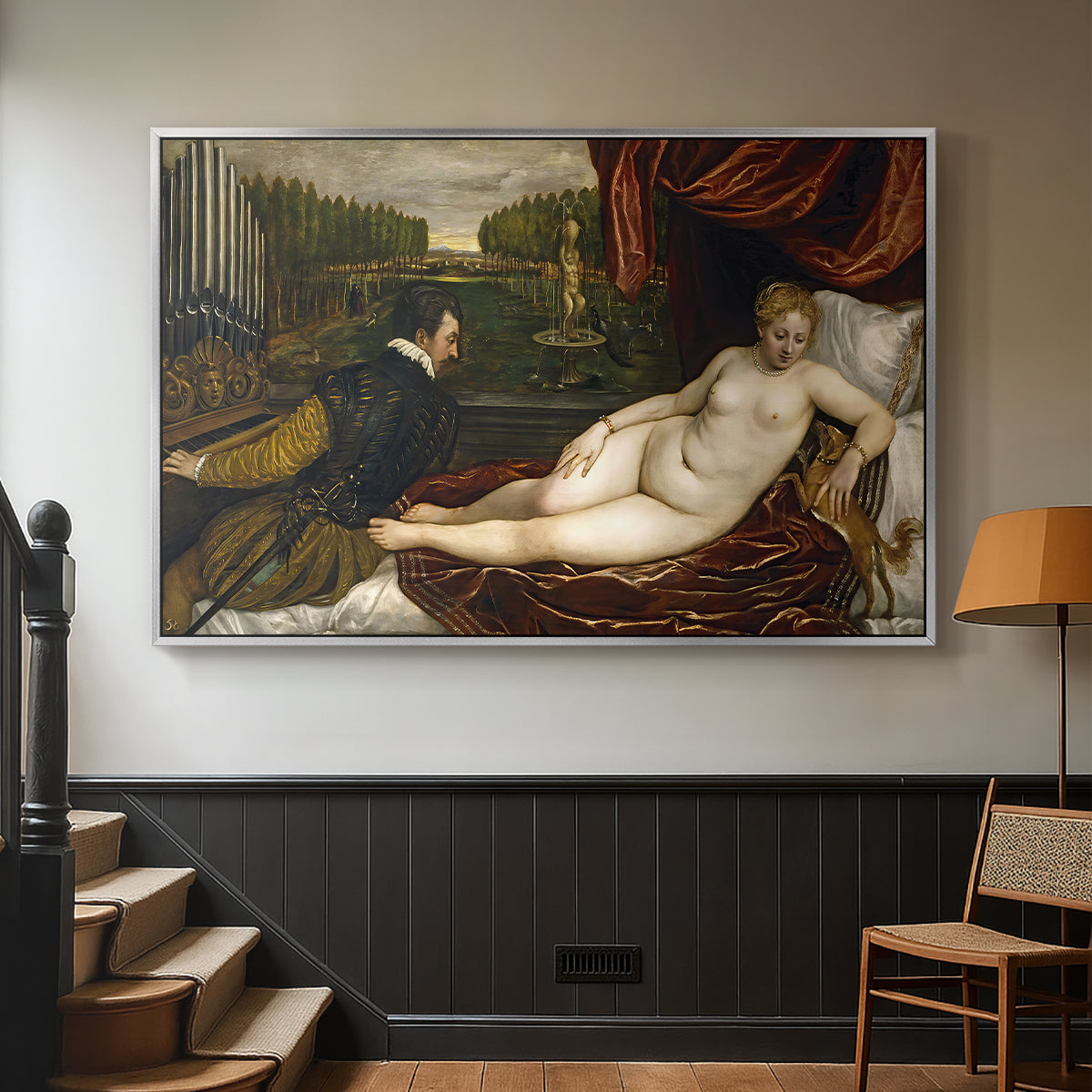 Venus with an Organist and a Dog, c. 1550 - Floater Framed Canvas Print
