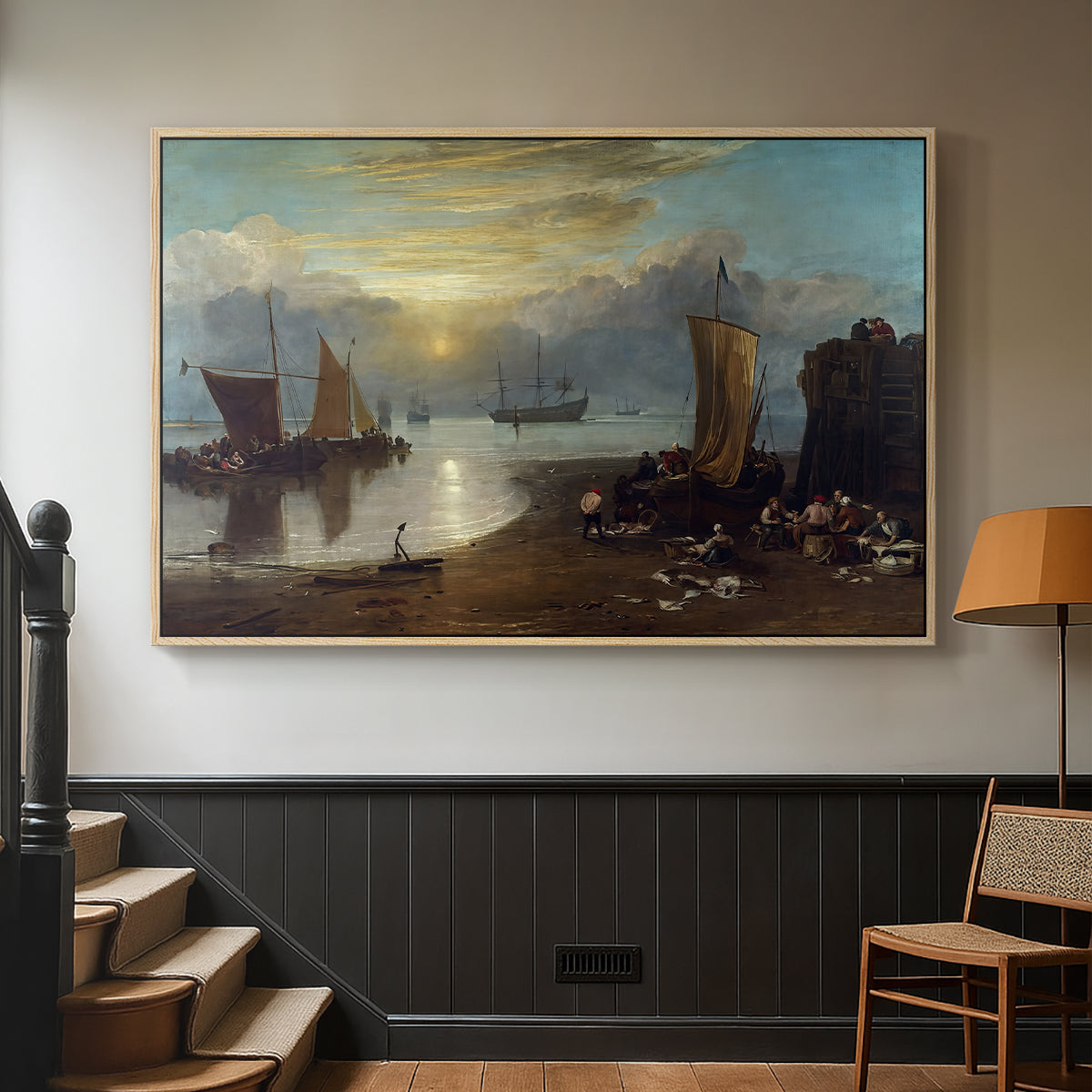 Sun Rising through Vapour: Fishermen Cleaning and Selling Fish, c. 1807 - Floater Framed Canvas Print