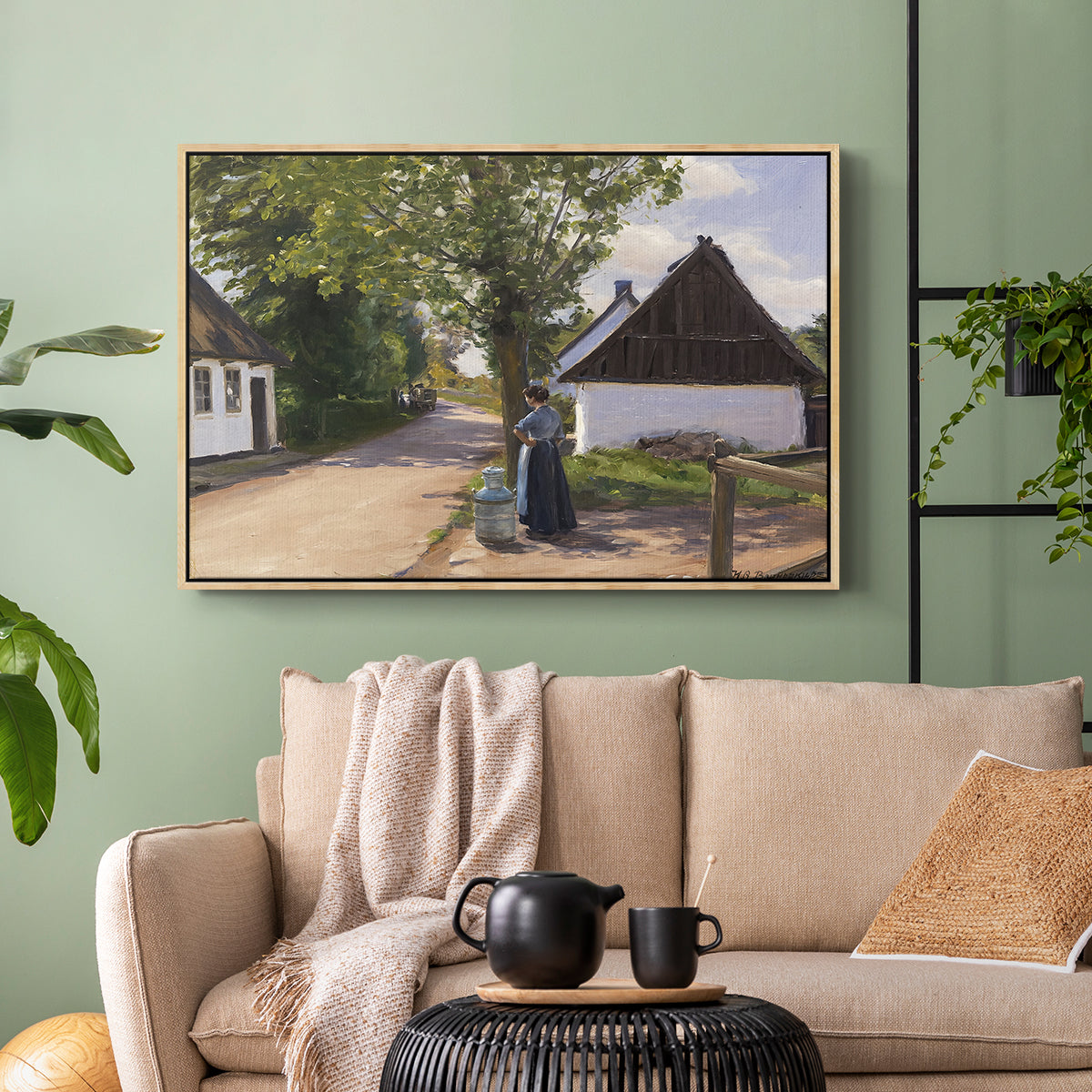 Danish Village Street with Woman and Milkman, 1880 - Floater Framed Canvas Print