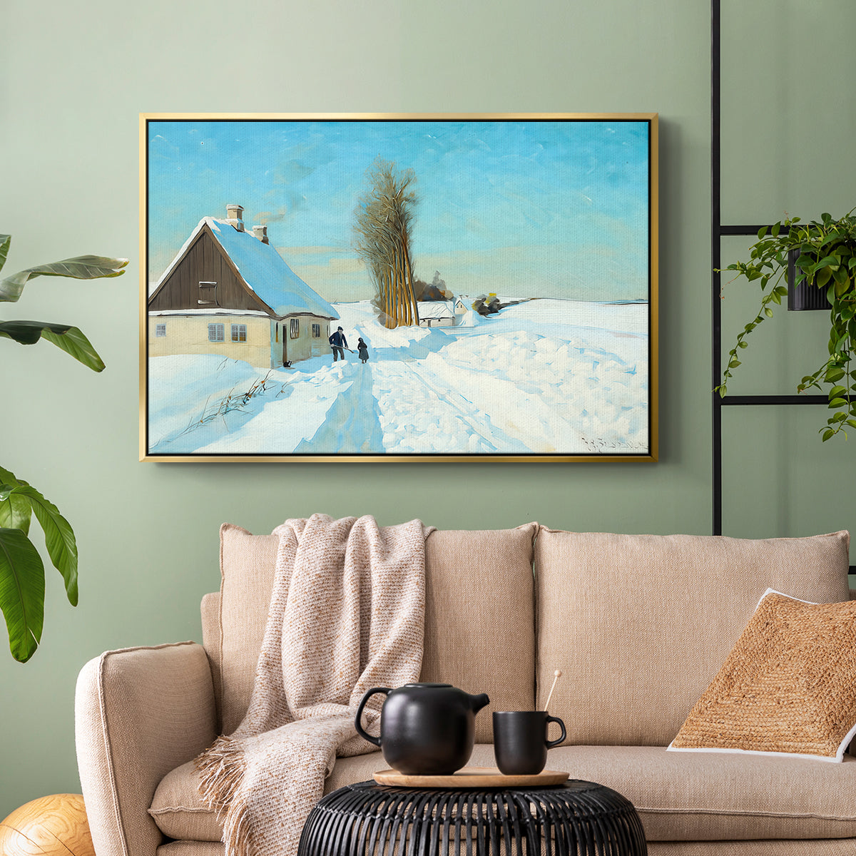 Shoveling Snow on a Beautiful Winter Day, c. 1898 - Floater Framed Canvas Print
