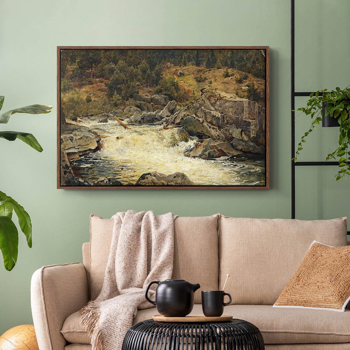 Waterfall in Hallingdal, 1848 - Floater Framed Canvas Print