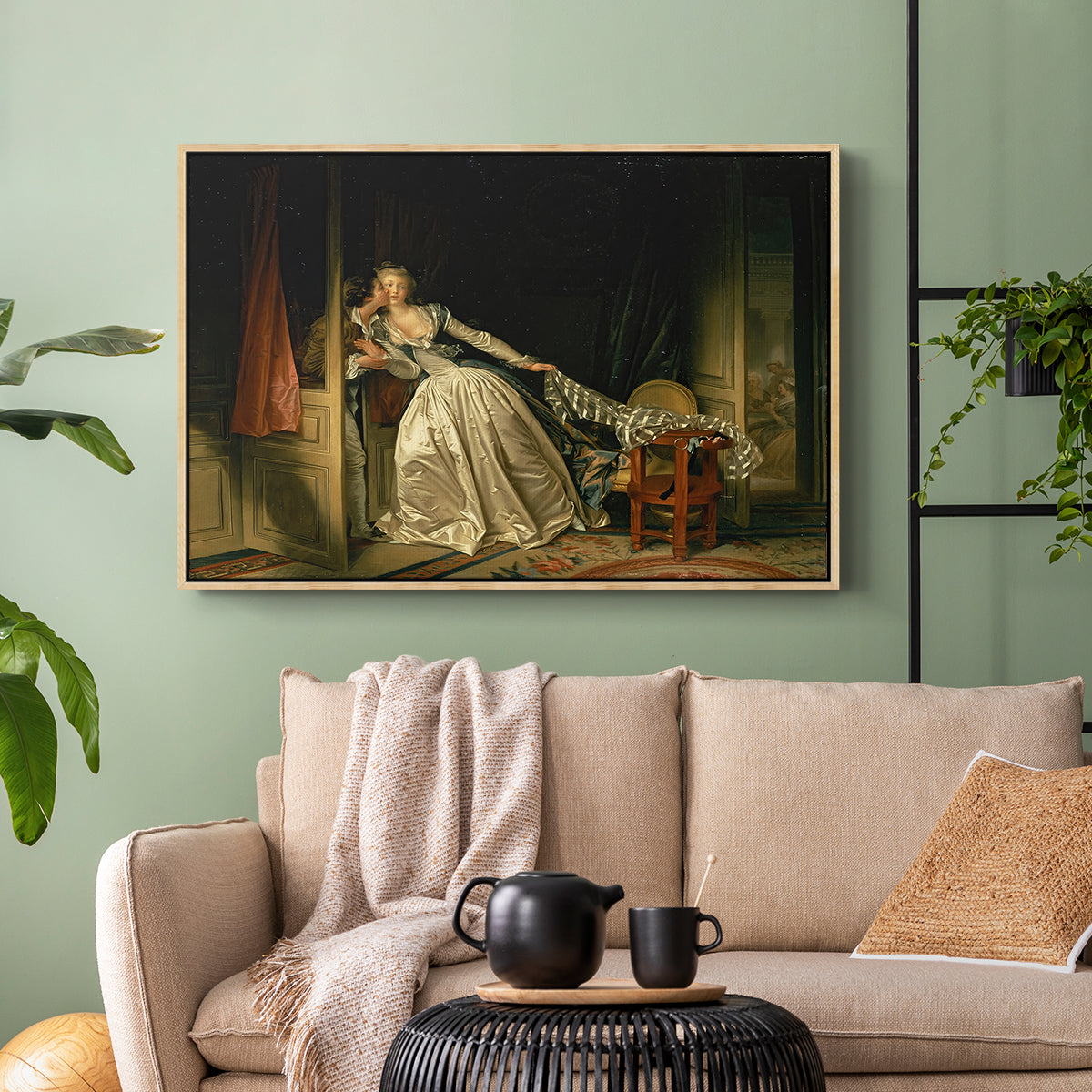 The Stolen Kiss (Le Baiser à la dérobée), c. 1788 - Floater Framed Canvas Print
