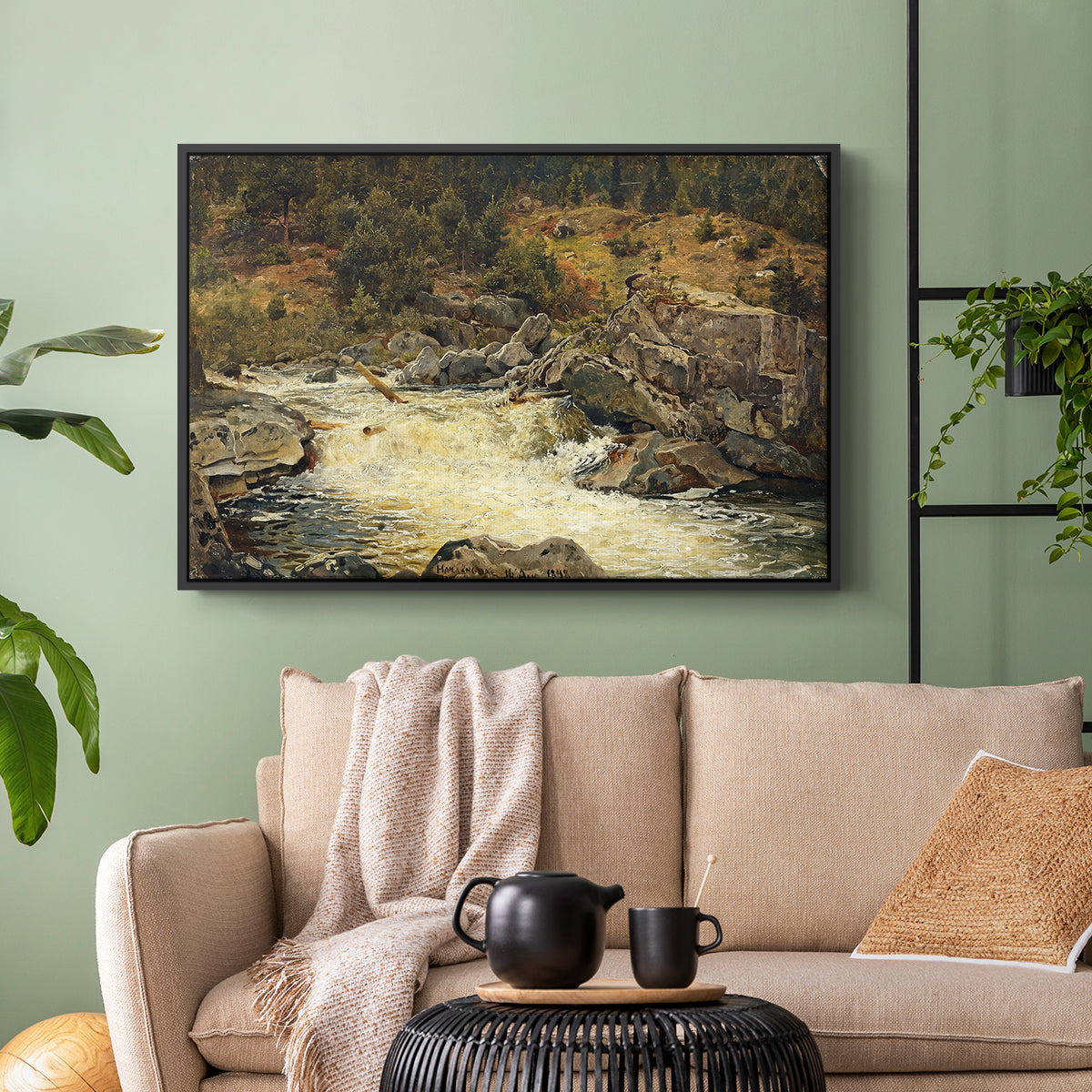 Waterfall in Hallingdal, 1848 - Floater Framed Canvas Print