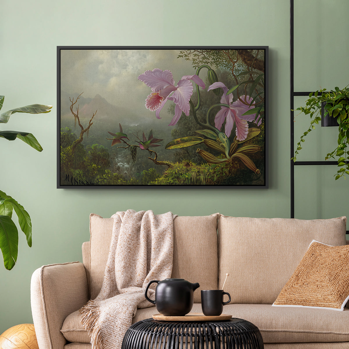 Two Sun Angel Hummingbirds on a Branch, c. 1890-1904 - Floater Framed Canvas Print