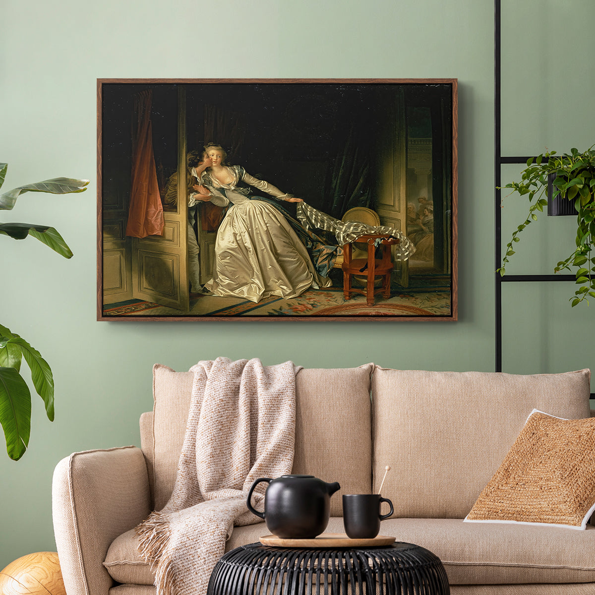 The Stolen Kiss (Le Baiser à la dérobée), c. 1788 - Floater Framed Canvas Print