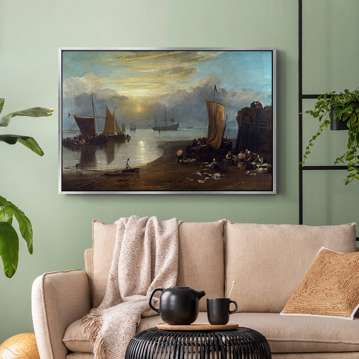 Sun Rising through Vapour: Fishermen Cleaning and Selling Fish, c. 1807 - Floater Framed Canvas Print