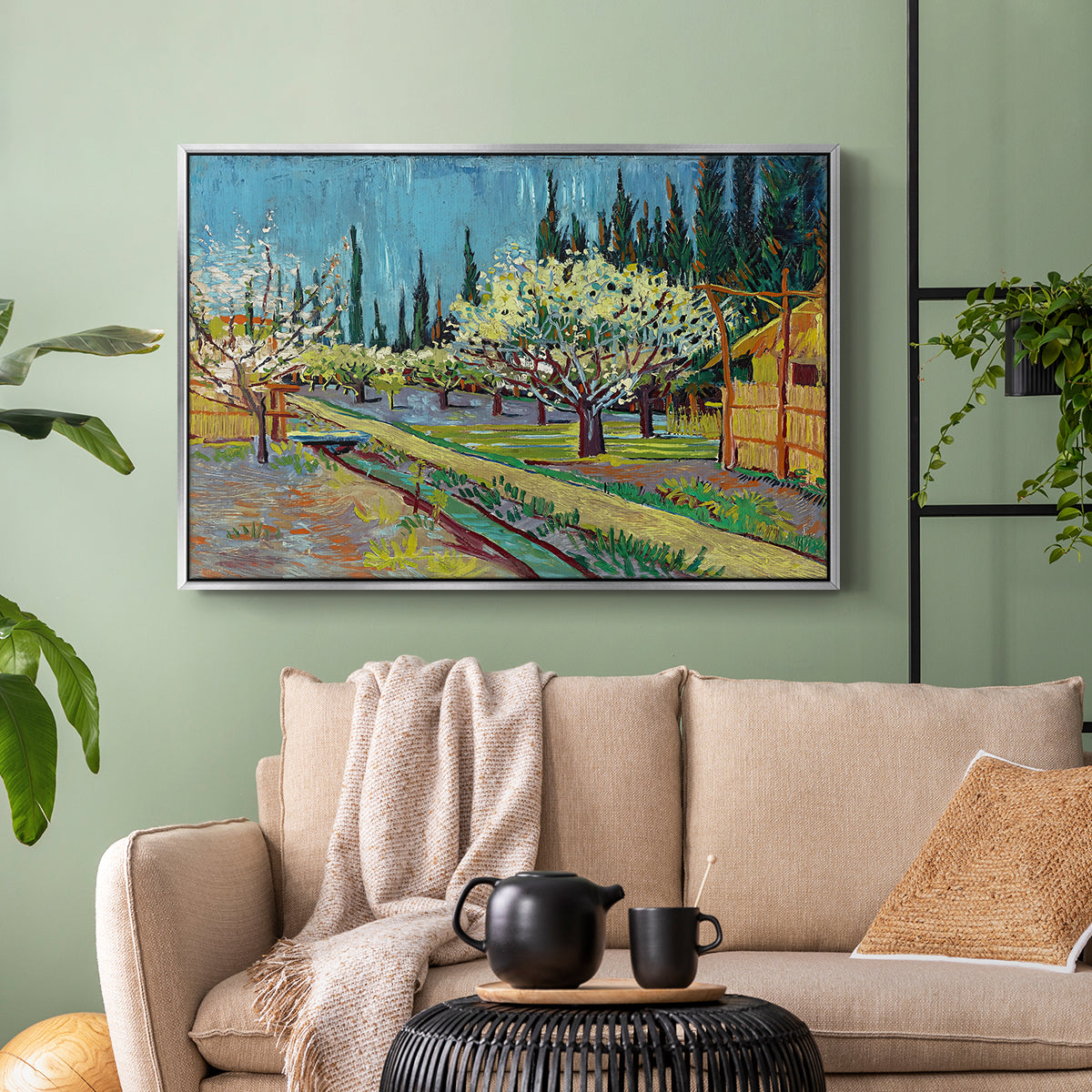 Orchard in Blossom, Bordered by Cypresses, 1888 - Floater Framed Canvas Print