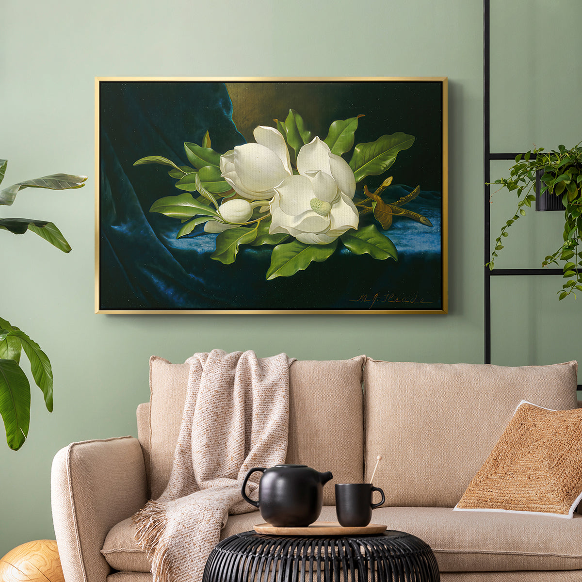 Giant Magnolias on a Blue Velvet Cloth, c. 1890 - Floater Framed Canvas Print
